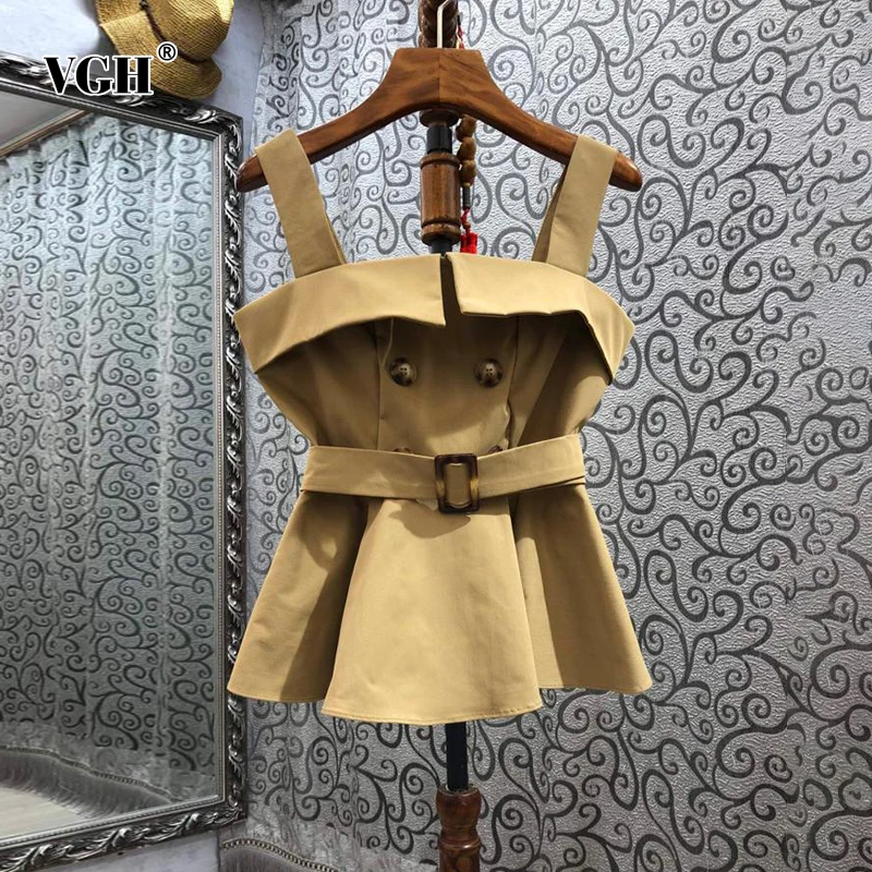 

VGH Khaki Casual Sashes Slim Vests For Women Square Collar Sleeveless Korean Minimalist Camis Female 2021 Summer Fashion Clothes