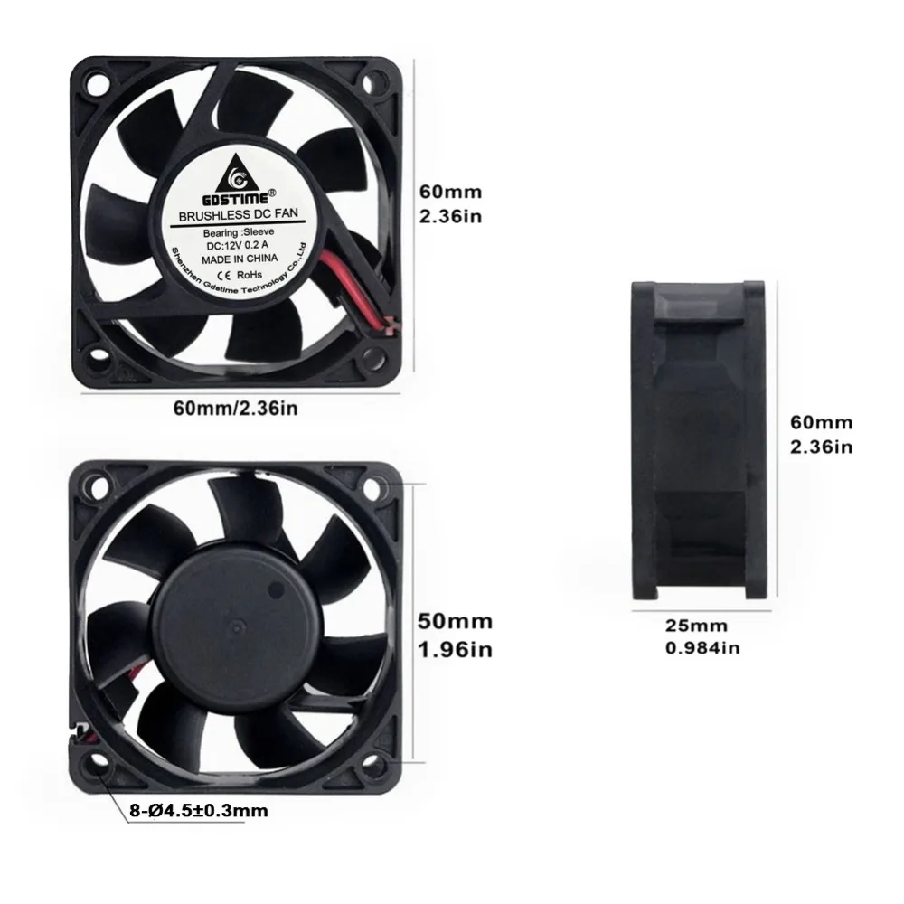 2 шт. Gdstime DC 12 В 60 мм 60x25 6 см 6025 с 2-контактный компьютерный радиатор Бесщеточный