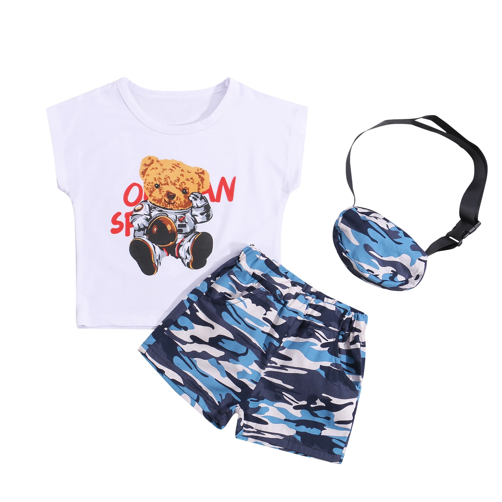 

Children's Clothing 2021 Summer Bear Print Sleeveless O-neck Vest Camouflage Shorts Messenger Bag Fashion Baby Boy Clothes 6M-5Y