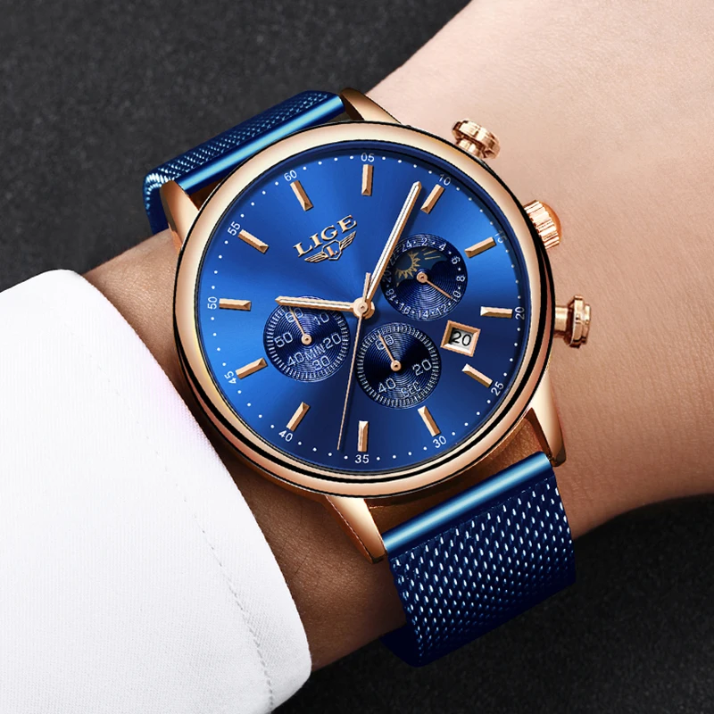 Часы наручные LIGE Мужские кварцевые модные спортивные брендовые Роскошные