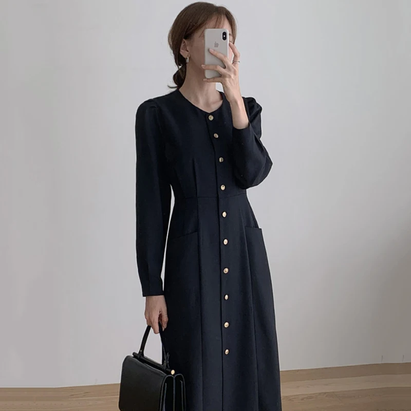 

Pinkou Women Elegant Solid Midi Dress Single Breasted Pockets Long Sleeve High Waist Female Autumn Chic Dresses Mujer QA352