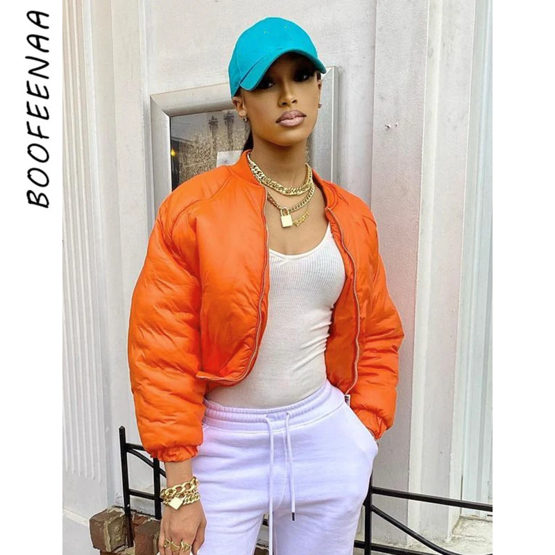 

BOOFEENAA Fashion Zip Up Cropped Puffer Jackets for Women 2021 Fall Winter Bubble Coat Parkas Streetwear Warm Outwear C85-FZ38