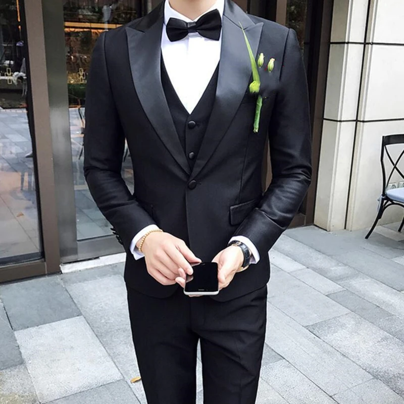 

Autumn Fashion Luxury Black Peak Lapel Men Suits Slim Fit Groom Tuxedo For Wedding Dress Dinner Party Suits (Jacket+Vest+Pants)