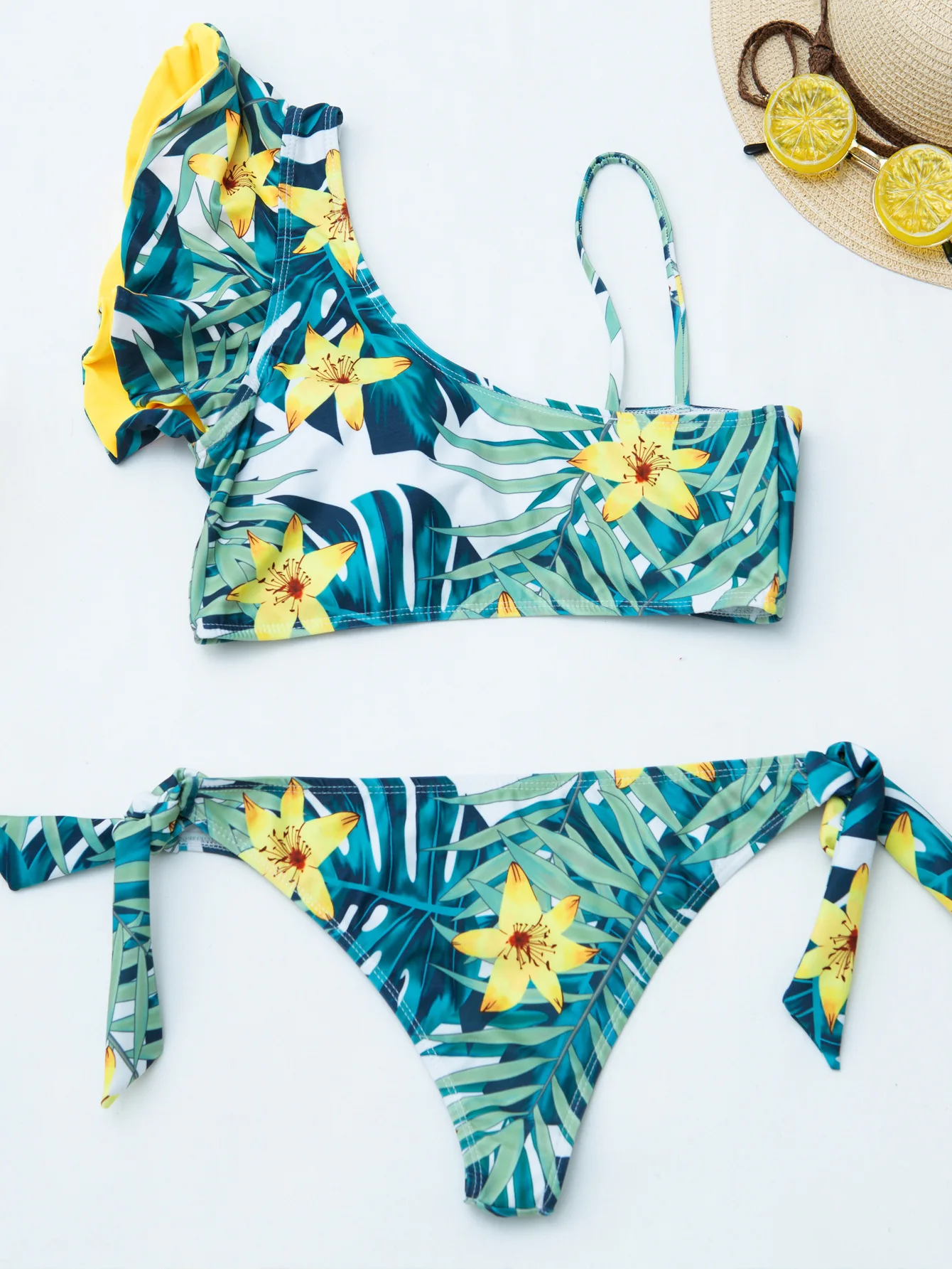 

2021 NEW Leaves Printed Asymmetric V Shaped Bikini Female Swimsuit Women Swimwear Two-pieces Bikini set Bather Bathing Suit Swim