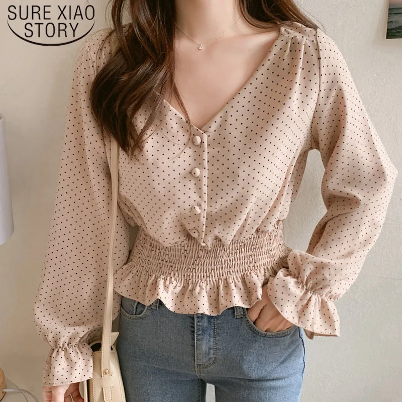 Элегантная винтажная женская блузка в горошек с V образным вырезом и