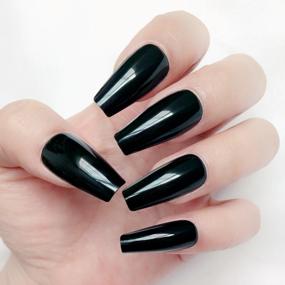 

24Pcs Artificial Long Ballerina Coffin False Nails Glossy Black Fake Nail For Design Full Cover Finger Tips Manicure Tools