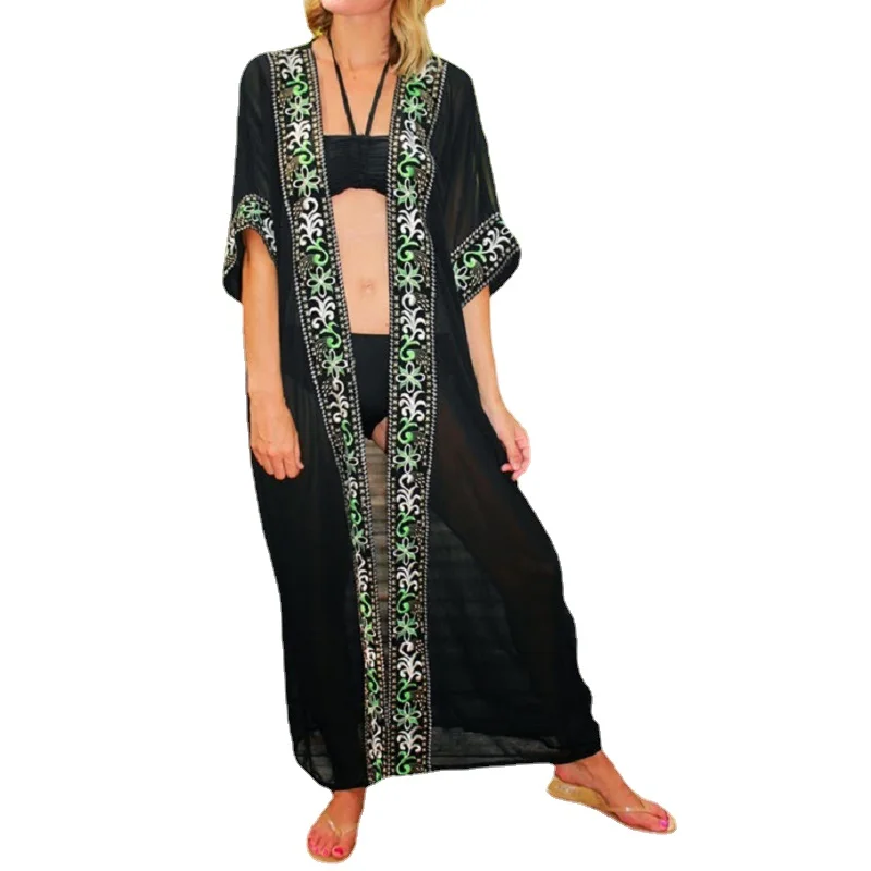 

Black Bikini Cover-ups Sexy Emboridered Front Open Cotton Summer Beach Dress Kaftan Women Beach Wear Swim Suit Cover Up