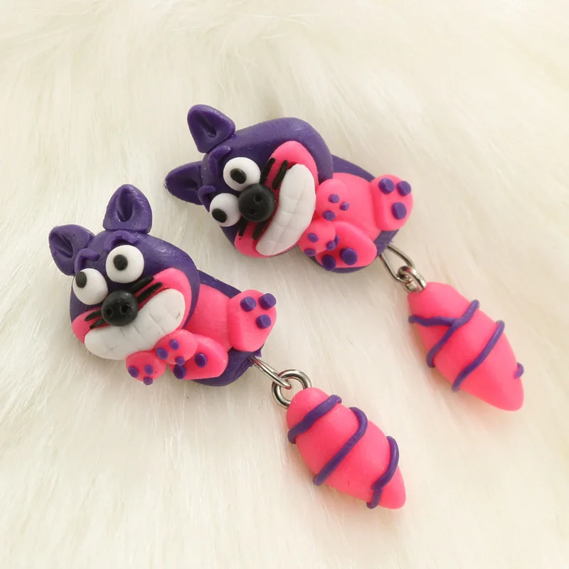 Cartoon Animals Red Purple Funny DIY Little Raccoon Eardrop Unique Design New Soft Pottery Earrings Female Fashion Jewelry Gifts | Украшения