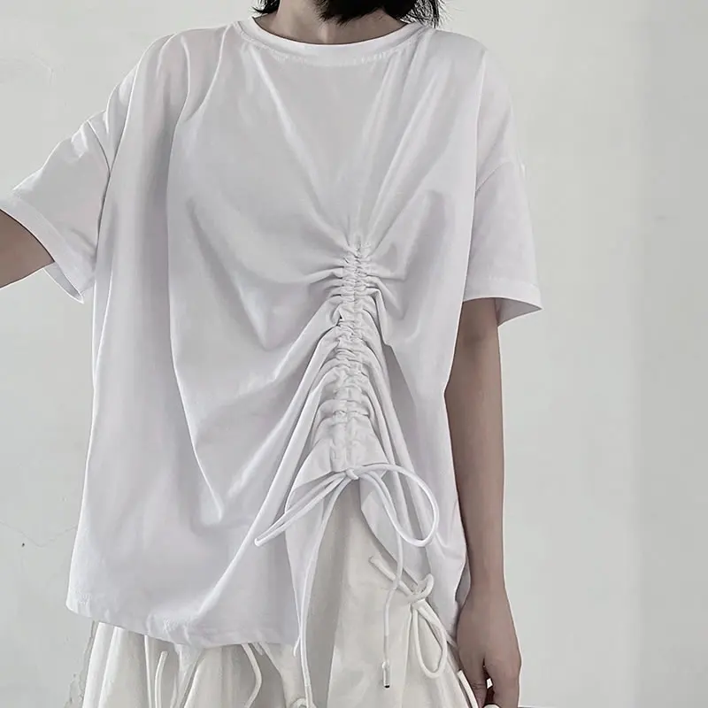 

XITAO Solid Color Irregular Shirring T-shirt Summer New Fashion Loose Women O-neck Simplicity All-match Trendy Top CLL1006