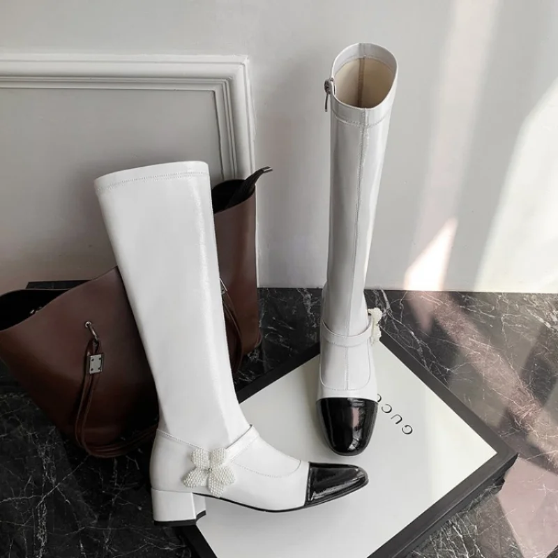 

2021 Four Seasons Western Boots Skinny Stretch Boots Simple Round Toe Thick Heel Zipper Stitching Colorblock Martin Boots