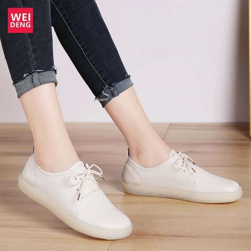 WeiDeng женская повседневная обувь из натуральной кожи на плоской подошве для