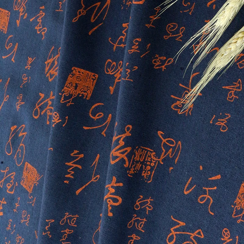 Ткань с принтом китайских символов на хлопково-льняной основе, этнический стиль каллиграфической живописи для самостоятельного пошива скатерти и одежды.