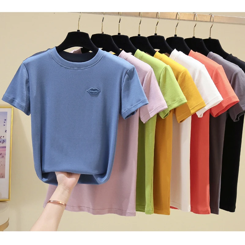 

AOSSVIAO New 2022 Summer Cotton Slim Tops Woman T-shirt Embroidery Tee Shirt Pink Short Sleeve Tshirt Women Kawaii Clothes