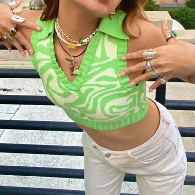 

Rockmore Green V-neck Sweater Vest Women Knitted Sleeveless Tank Top Vintage Crop Top Casual Y2K Aesthetic Pullovers Knitwear