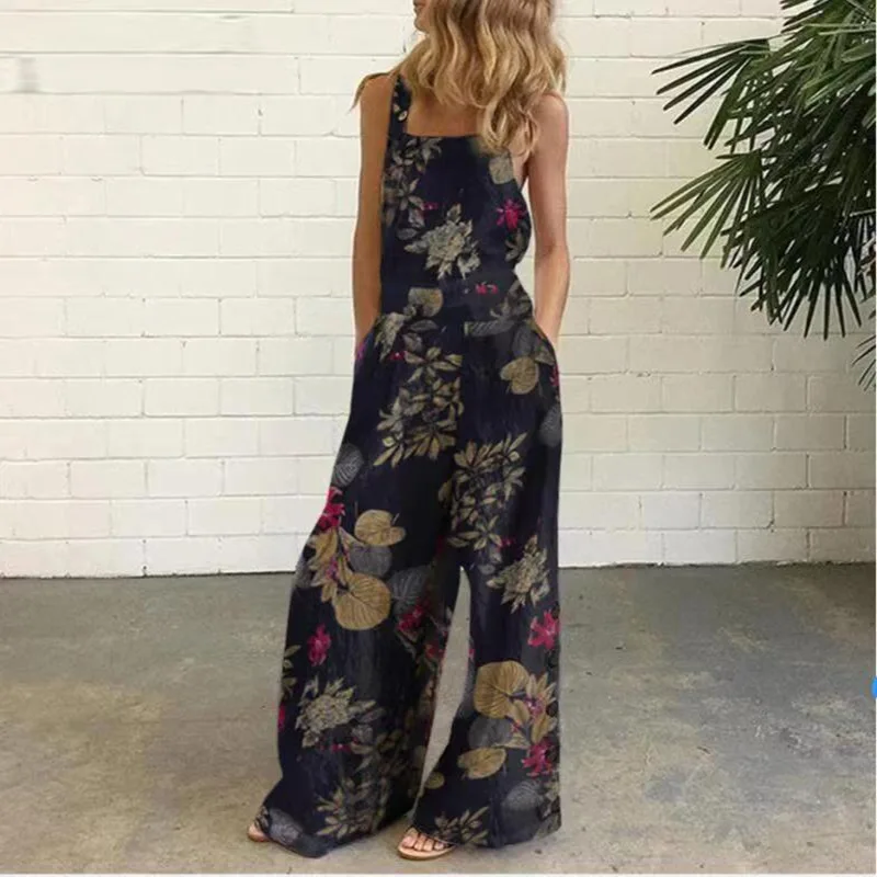 

Women Printed Jumpsuit Female Rompers 2021 Summer Sexy Sleeveless Wide Leg Overalls Suspenders Pantalon Femme Playsuit Clothing