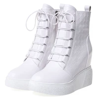 fashion sneakers women lace up genuine leather chunky high heels ankle boots female high top round toe pumps shoes casual shoes