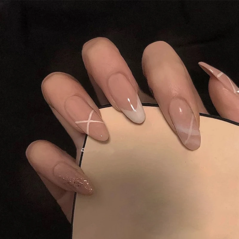 

Long Oval Nails Nude Pink French Glitter Fake Nails Press on JP1627-B3