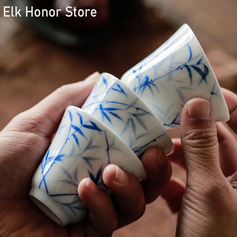 

3PC Jingdezhen Hand Painted Bamboo Ceramic TeaCups White Jade Porcelain Master Cups Kung Fu Tea Personal Mugs Household Teaset