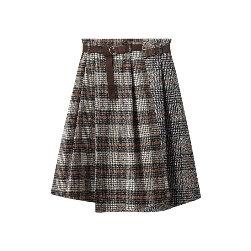 

2022 Summer Women Plaid Irregular Wool Midi Skirts Pleated Sashes England Style Vintage Warm A-Line Long Skirt Faldas Mujer Moda