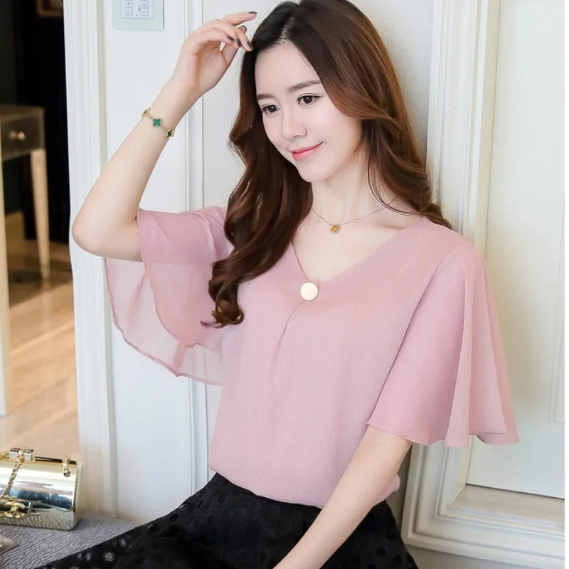 

2019 Moda chiffon das mulheres de roupas camisas top flare manga mulheres blusas soltas plus size camisa das mulheres