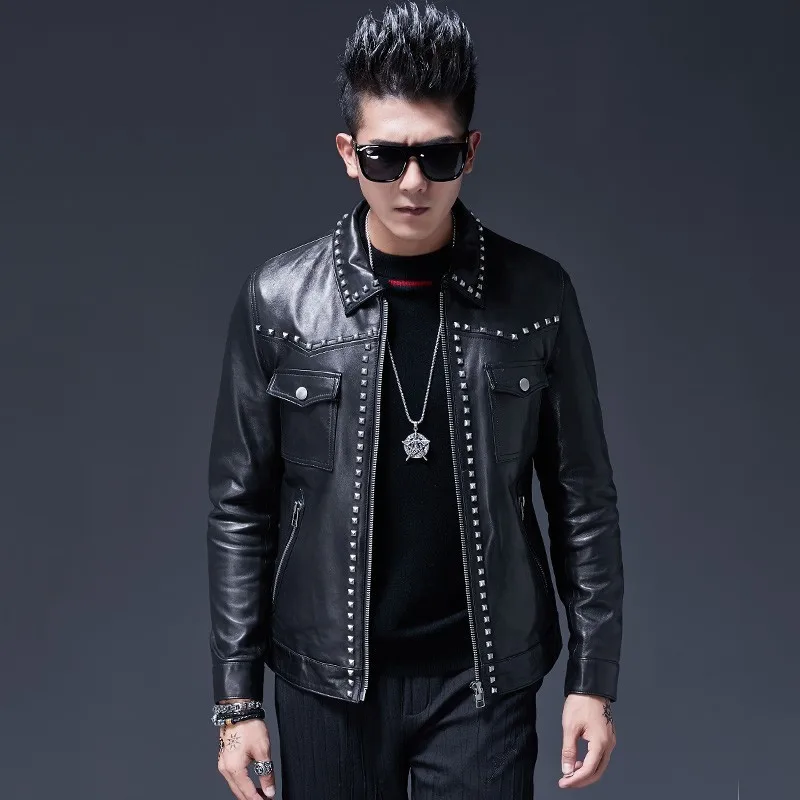 Luxury Designer Mens Sheepskin Genuine Leather Punk Rivet Jacket Slim Fit Beading Motor Biker Coats Chaqueta Cuero Hombre 4XL | Мужская