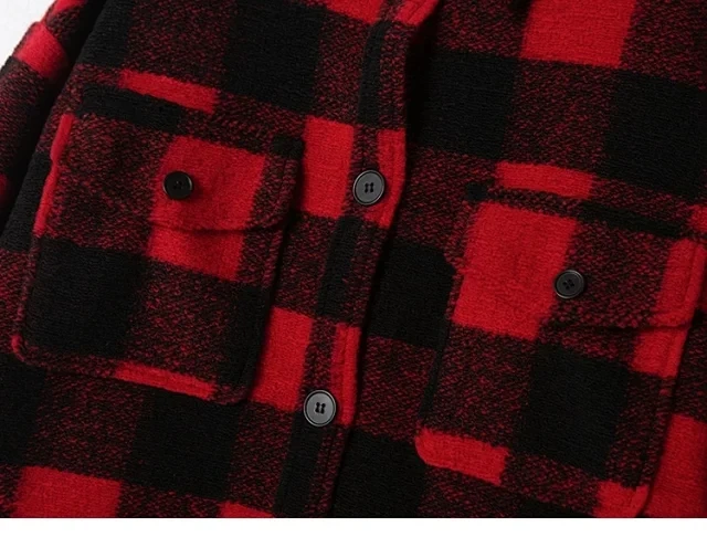 

Women Coat and Outerwear Woolen Red Plaid Single Breasted Turn-down Collar Loose 2021 Autumn Winter Ladies Jacket with Pocket