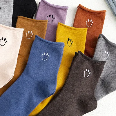 Женские носки однотонные хлопковые с мультяшным улыбающимся лицом|Носки| |