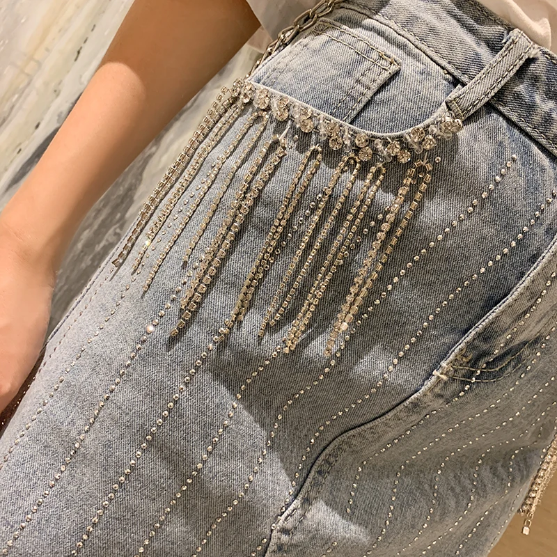 Плюс размер 5XL! Летняя Модная Джинсовая юбка Женская высокая талия Алмазная