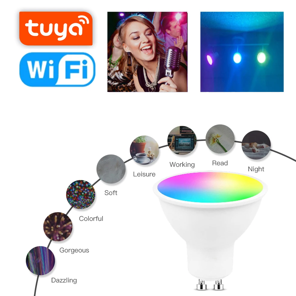 LED Tuya GU10 Bulb Spotlight RGB+White+Warm Dimmable Smart Lihgt Bulb Lamp Wifi App Control For Alexa Google Home 110V 220V