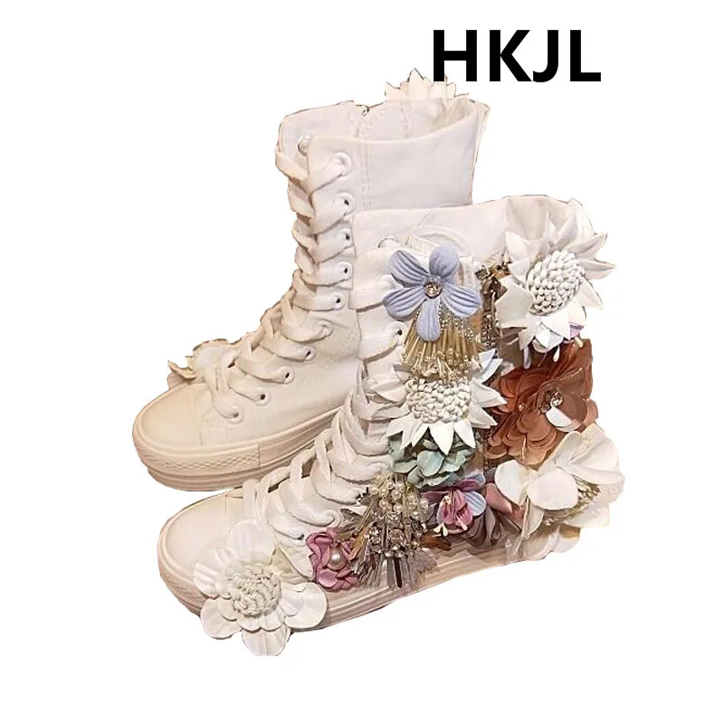 

New wild Korean high-heeled canvas shoes heavy work rhinestones sweet color three-dimensional flower sequin cloth shoes