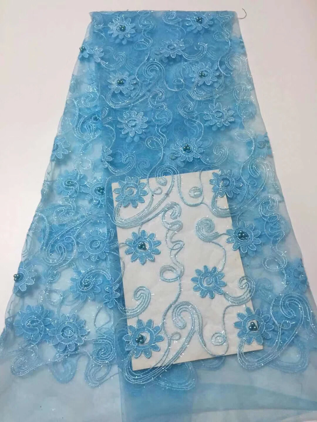 Новейший Голубой тюль кружевная ткань высокого качества модная бисер вышивка