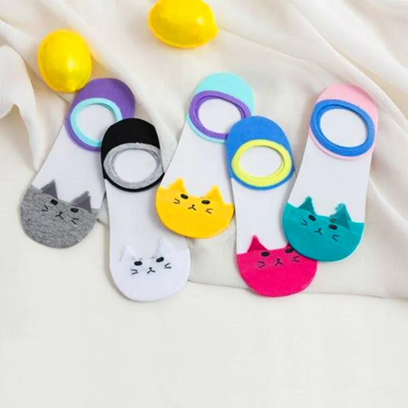 5 Pairs Summer Cartoon Cat Socks Cute Animal Women Socks Funny Invisible Socks Female Cotton Transparent Boat Socks Dropship
