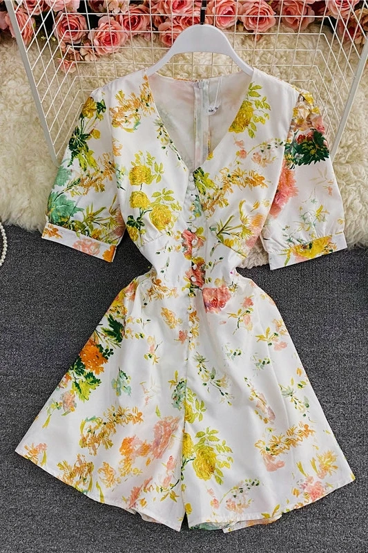

2021 summer v-neck print wide leg bodysuit femme bodysuits short sleeve sexy off shoulder jumpsuits woman rompers for women ins