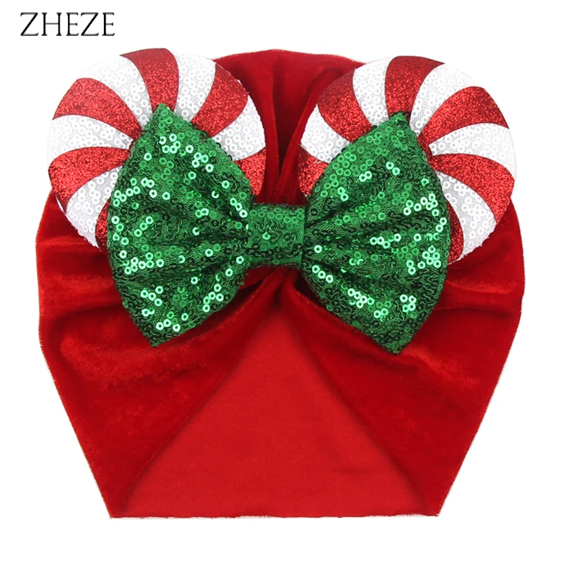 

Sequins Mouse Ears Headwrap For Kids Girls Turban Soft Velvet Fabric Infant Headband Cap Christmas DIY Festival Hair Accessories