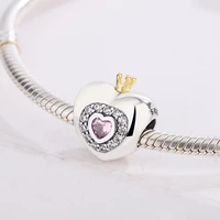 925 sterling silver crown princess heart charms beads pink cz zircon pendant charm bracelet diy jewelry making for pandora