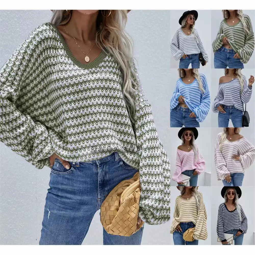 

Autumn and winter 2021 new Pullover stripe women's sweater V-neck temperament commuter large sweater women