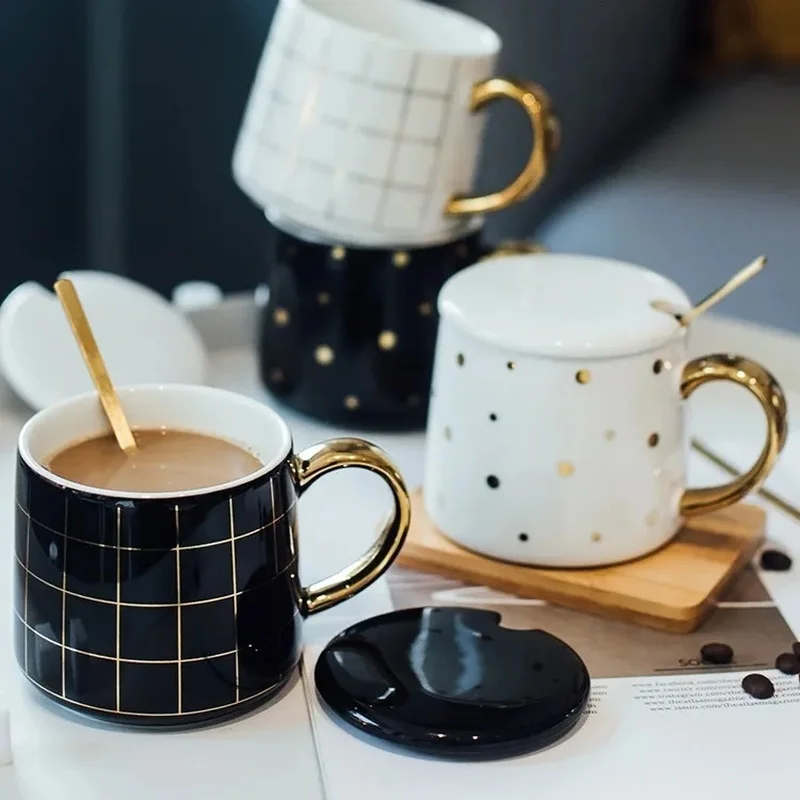 

Роскошная керамическая кружка в клетку с геометрическим рисунком в горошек, короткая кофейная кружка, Золотая посуда для завтрака, посуда д...