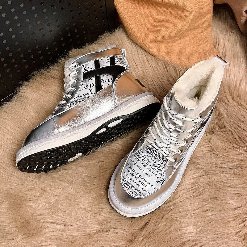 

2020 Ankle Booties Short Plush PU Letters Print Trendy Girls Winer Shoes Casual Glory Upper Cotton Silver Women Snow Boots