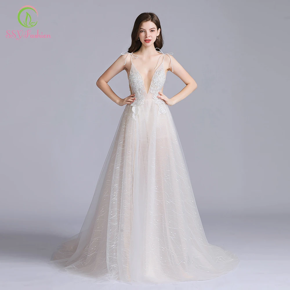 SSYFashion Новое сексуальное длинное вечернее платье с глубоким v-образным вырезом, без рукавов, с открытой спиной, кружевное, с цветочным рисунком, для пляжа, выпускного, торжественное платье, Vestido De Fiesta