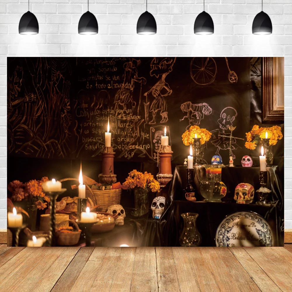 

Фон для студийной фотосъемки с изображением Дня мертвых черепов свечей в честь Хэллоуина