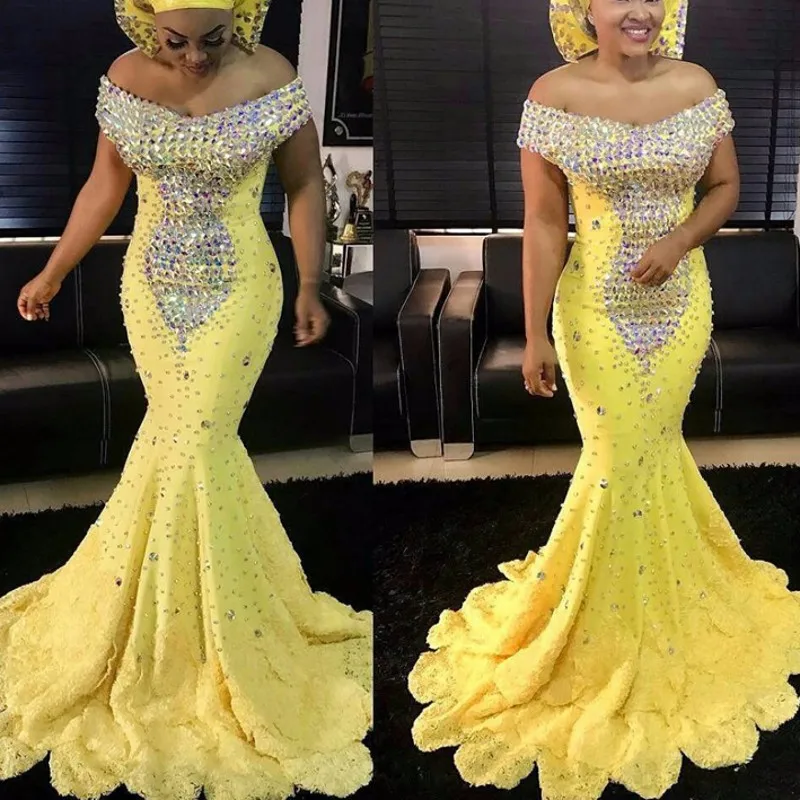 

Nigerian Pageant Gowns Yellow vestido de festa longo Evening Dresses Crystals robe de soiree Beaded Gorgeous Evening Dress