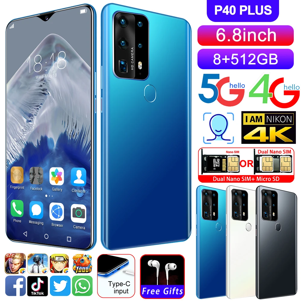 

2021 P40 Plus Smartphone MTK6889 10Core 6.8inch HD+1440*3040 4G 5G 8GB+512GB 18MP+32MP Face Fingerprint ID 4800MAH Android10.0