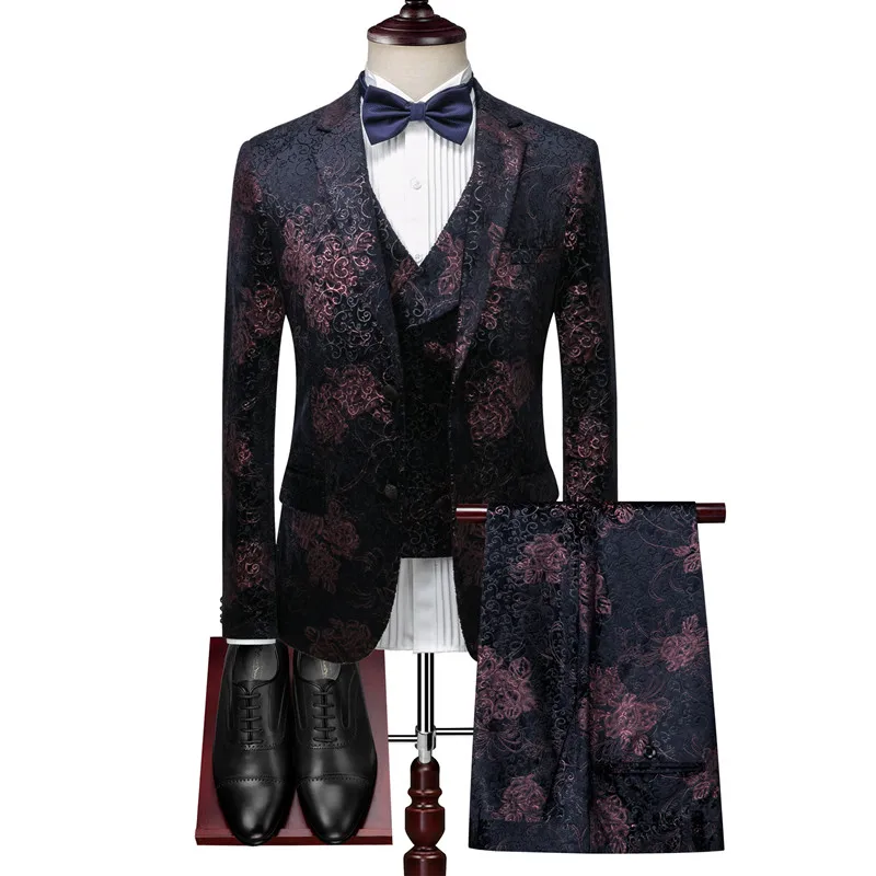 Зимний бархатный облегающий костюм-тройка с цветочным принтом брюки жилет