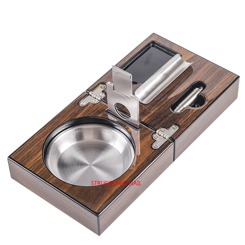 Cigar Cigarette Wood Square Box Ashtray Smoking Accessories Gadgets Include Cigar Cutter Holder and Hole Opener Cool Gadgets