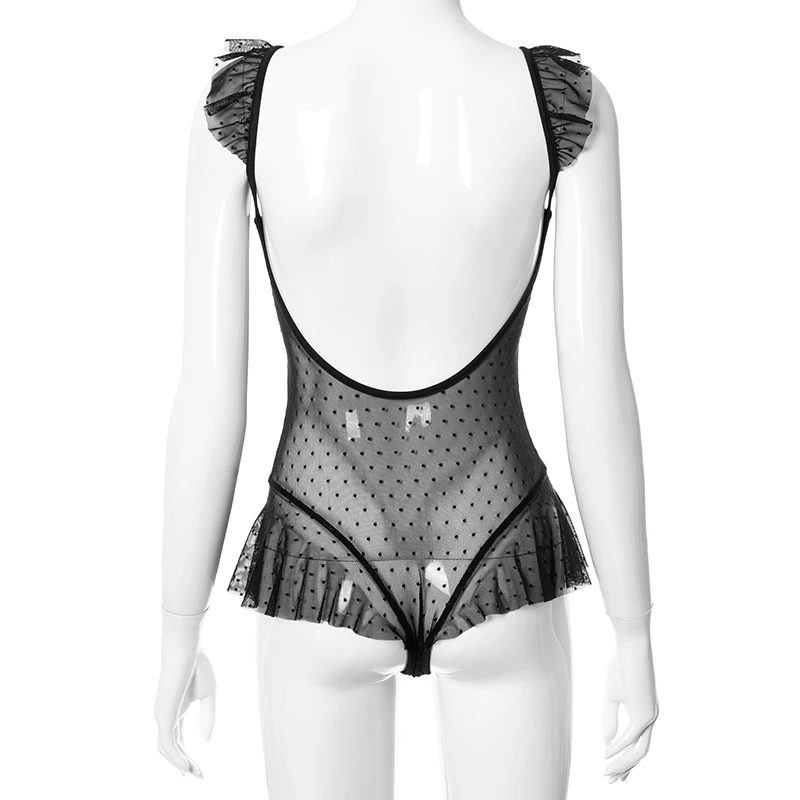 

Bomblook Sexy Party Club Bodysuits For Women Summer 2021 Solid Patchwork Ruffled Edge See Through Mesh Playsuits Female Outfits