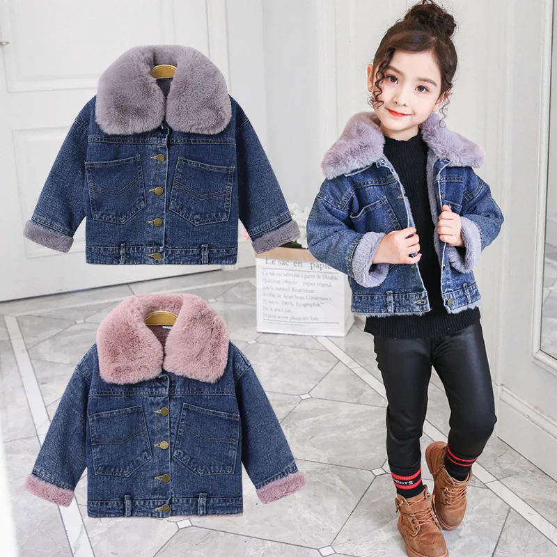 Children's Denim Jacket Girls Winter Fur Collar Plus Velvet Coats Big Kids Fashion Warm Outwear | Детская одежда и обувь