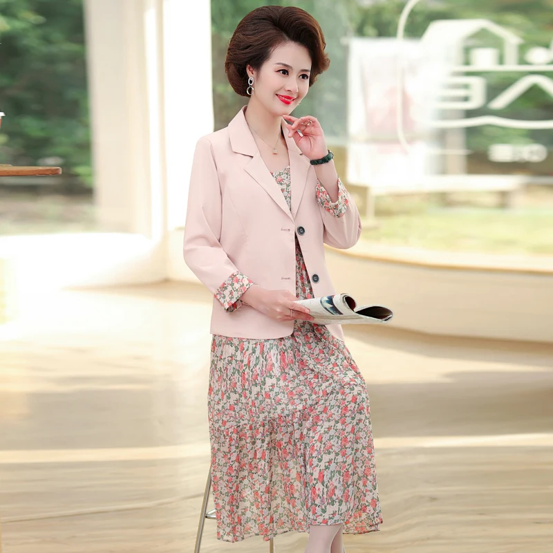 Conjunto de Blazer y vestido de gasa para mujer, conjunto de dos piezas, color negro, verde y rosa, atuendos dobles, tallas 5XL, 4XL y 3XL, Primavera