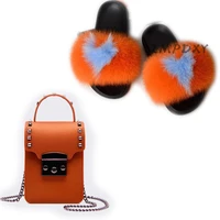 female real fox hair slippers womens jelly shoulder bag shoes sets fluffy furry sandals chain candy crossbody purse fur slides