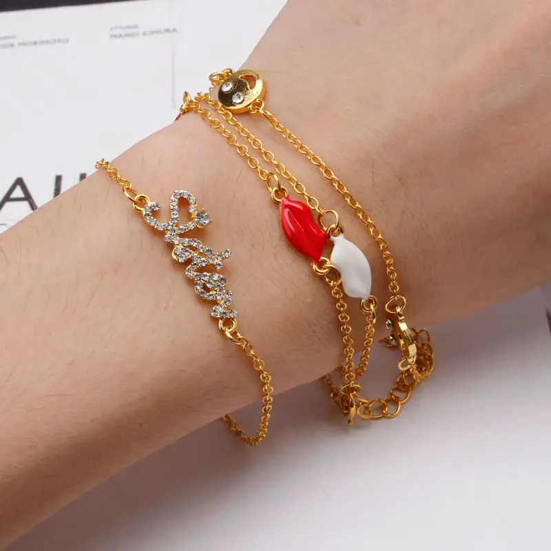5Pcs Women Sweet Lips Sisters Crystal Inlaid Gold Chain Bracelet Kit Jewelry Set | Украшения и аксессуары