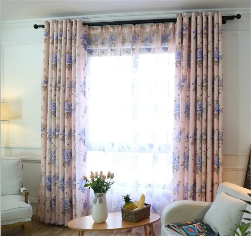 Blue Floral Curtain For Living Room Luxury Semi Blind Drape Window Panel Fabric Curtain For Bedroom Shading Pink Sheer HM386*30